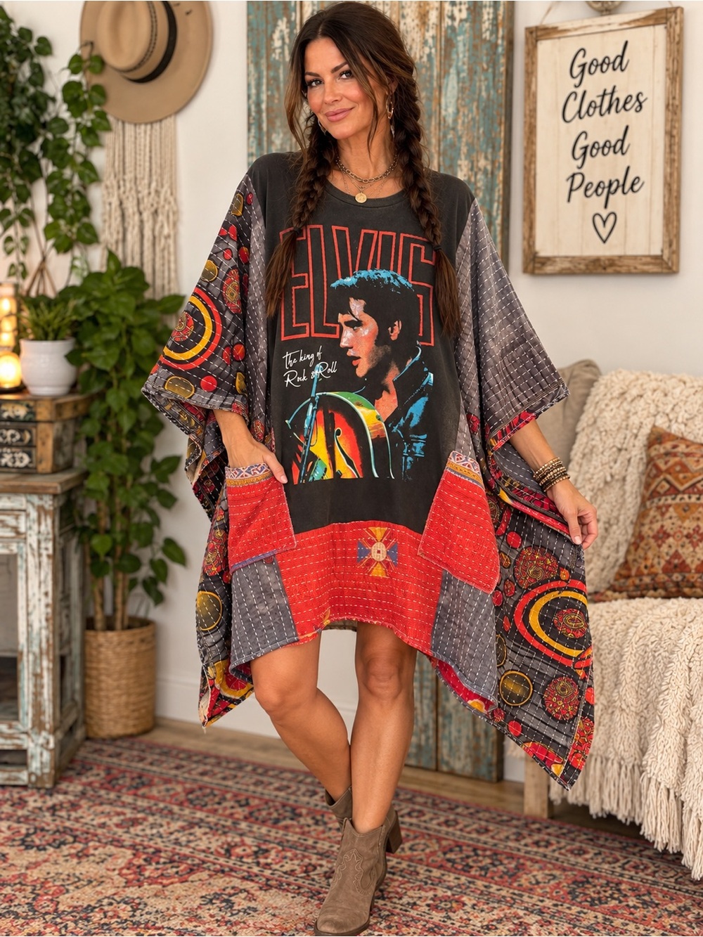 Elvis Presley Graphic Patchwork Tunic Dress Boho Oversized OOAK